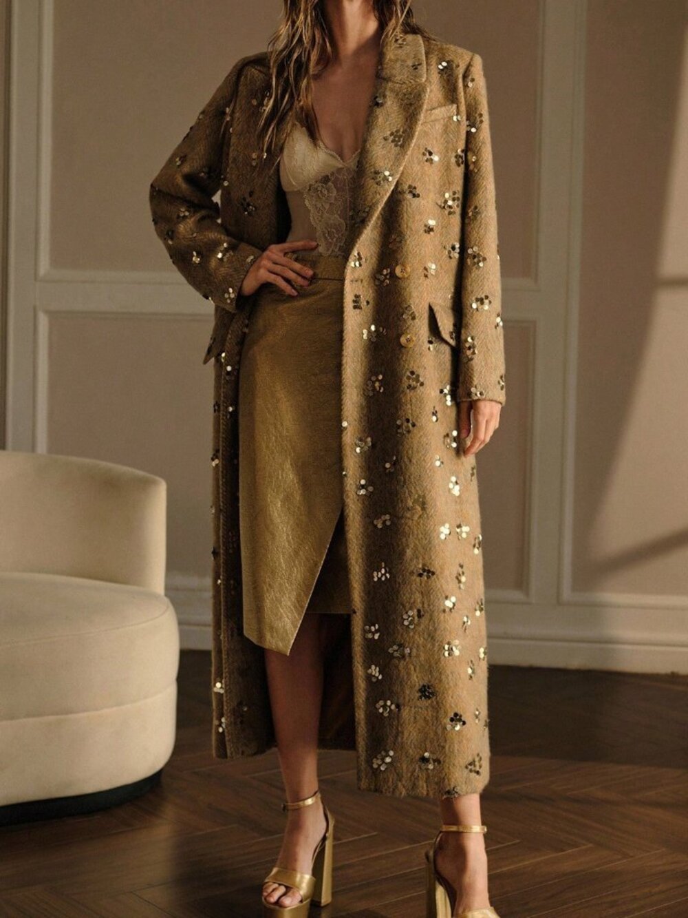 Yellow Elegant Women's Loose Long Lapel Collar Double Breasted Overcoat - Picture 4 of 7